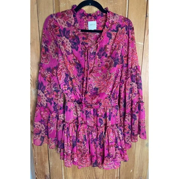 Misa Los Angeles Leeva fushia batik floral mini dress NWOT - Picture 2 of 12